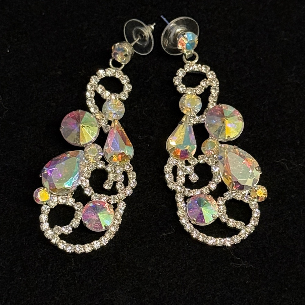 3.5” Big Long Silver Clear Aurora Borealis AB Austrian Crystal Pageant Earrings